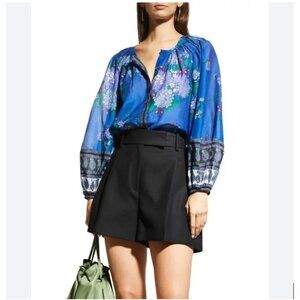 Kobi Halperin Jamie Blouse Womens Large Blue Floral Sheer Pleated Boho Tunic Top